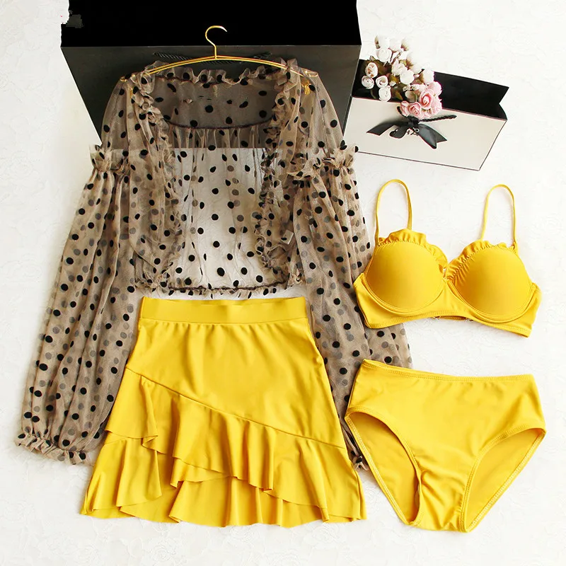 

2019 Women's split skirt bikini sexy perspective dot sunscreen long-sleeved blouse hot spring swimsuit beach swimsuit four-piece