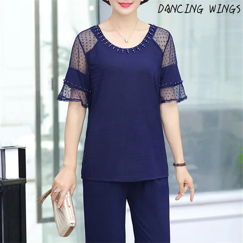 

Fashion women suit Summer clothing 2019 mesh stitching 2 piece set middle aged ladies short sleeve chiffon blouse+pants