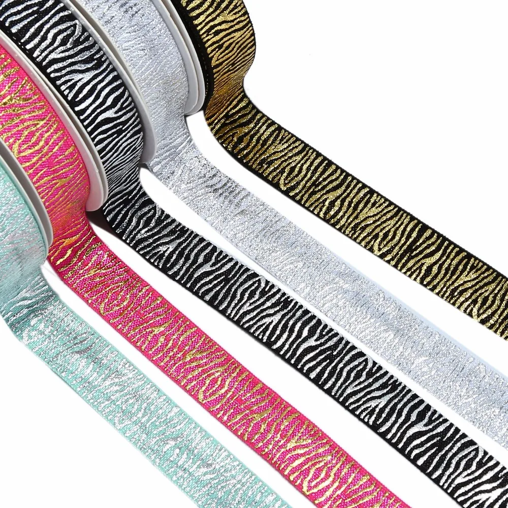 

5/8" gold foil and silver foil zebra printed FOE elastic fold over elastic welcome custom