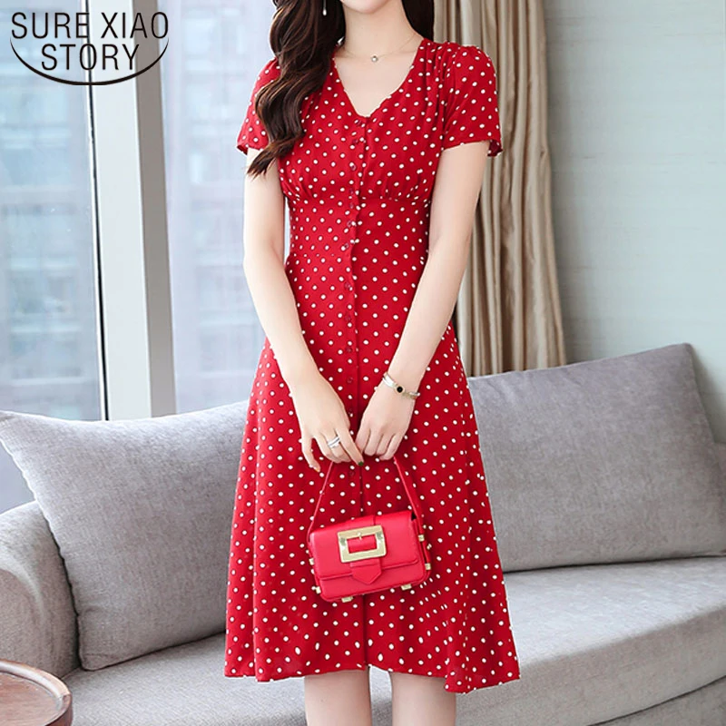 

Fashion Summer women dresses 2019 dot A-line office lady chiffon dress Empire V-Neck red dress of women Button 3527 50
