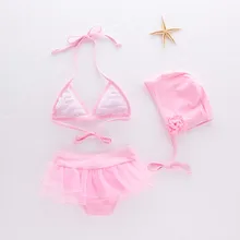 Новое поступление, милая гренадиновая юбка бикини, купальник для девочки, детский купальник из трех предметов, детский популярный весенний купальный костюм 3152