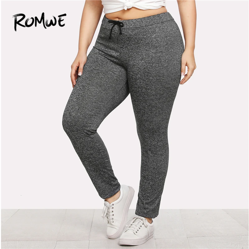 

Romwe Sport Plus Size Solid Grey Drawstring Waist Gym Sports Pants Women Yoga Tights 2018 Autumn Female Fitness Yoga Leggings