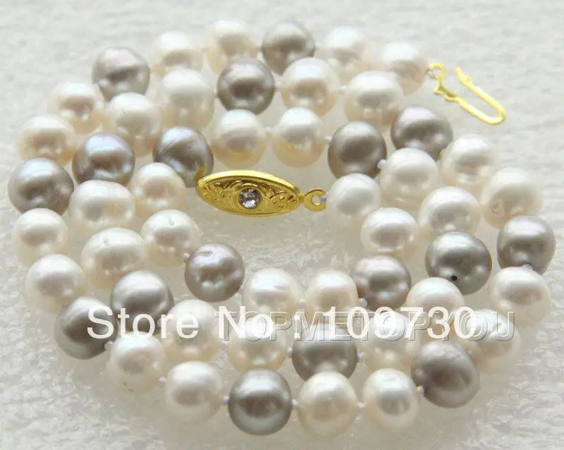 

Jewelry 002165 Charming 8-9mm near round white gray pearls necklace