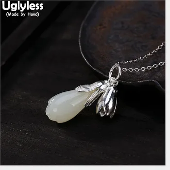 

Uglyless 100% Real 925 Sterling Silver Handmade Magnolia Pendants for Women Natural Jade Flower Necklaces NO Chains Fine Jewelry