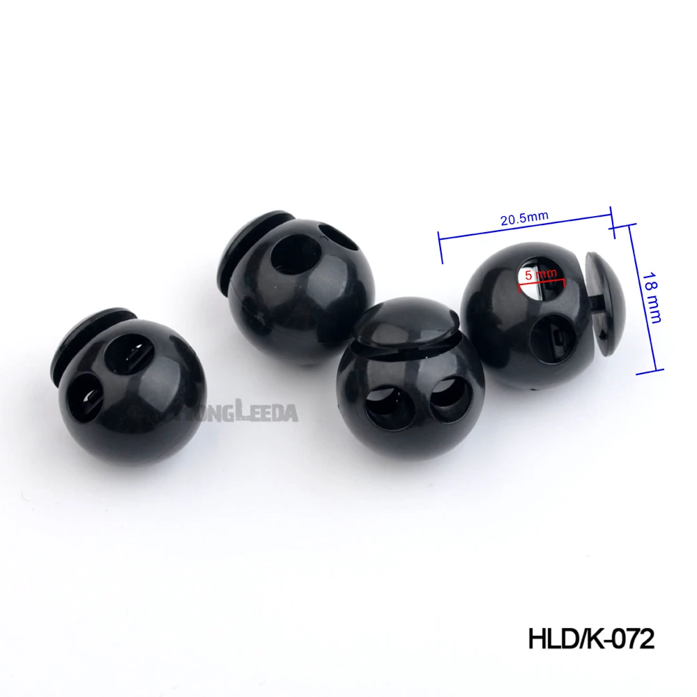 100pcs/lot black 5mm 2 holes plastic round ball cord lock end toggles