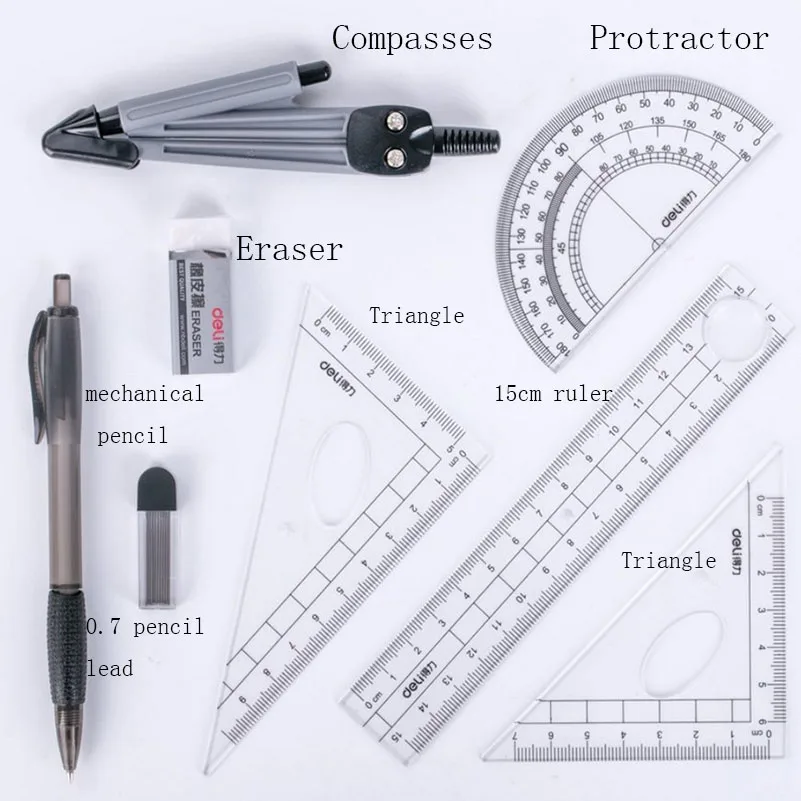 8 Pcs Ruler Compasses Set Triangle Ruler Eraser Protractor