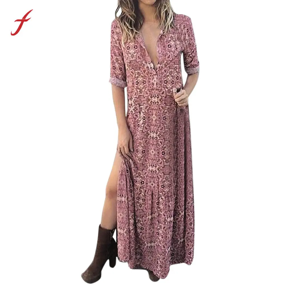 

Feitong Women Loose Casual Floral Print Chiffon V Neck Long Sleeved Summer Slit Up Maxi Dress Vestidos de fiesta