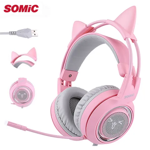 Fone de Ouvido Fone de Ouvido com Vibração Mic para o Jogador de Computador Somic Crianças Estéreo Jogos Casque Rosa Meninas Gato Orelha Usb 7.1 Surround Som com Vibração G951