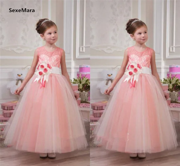 

New Princess Puffy Pink Flower Girl Dress Lace Tulle with Sash Pageant Graduation Gown Birthday Party dress Tutu Dress
