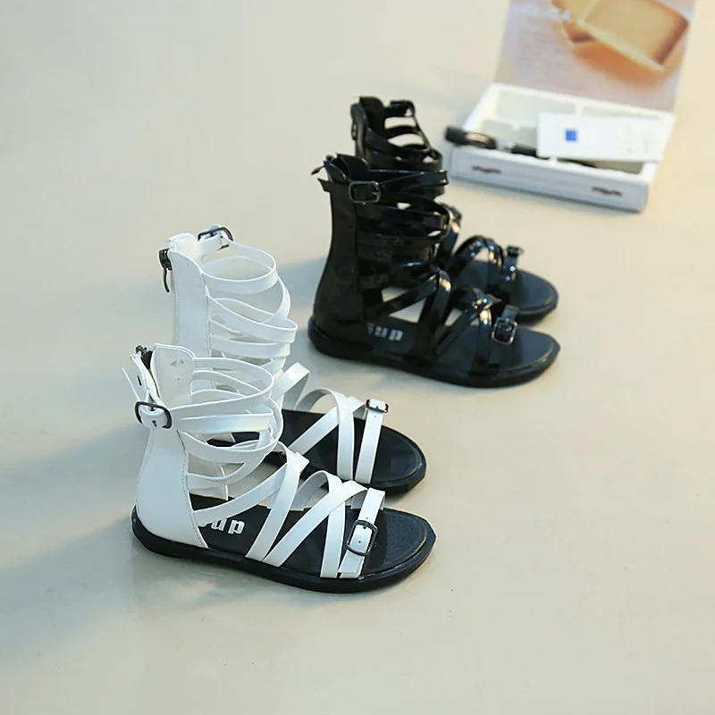 

3-6T New Summer Girls Princess rhinestone Fashion Sandals Knee-High Boot Toddler Maiden Frail Kids Leather Roman Sandals 06251