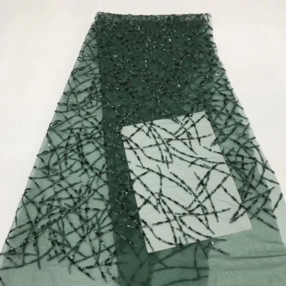 

2019 Wholesale luxury quality African chiffon lace fabric with sequins 5 yards emerald green sequins lace fabric YYZ2139