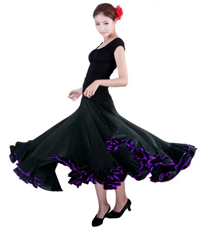 Высокое качество, черный, красный спандекс, лайкра, испанское платье для танцев, для девочек, фламенко, костюм, Traje De Flamenca, длинная юбка для фламенко, костюмы - Цвет: Black with purple