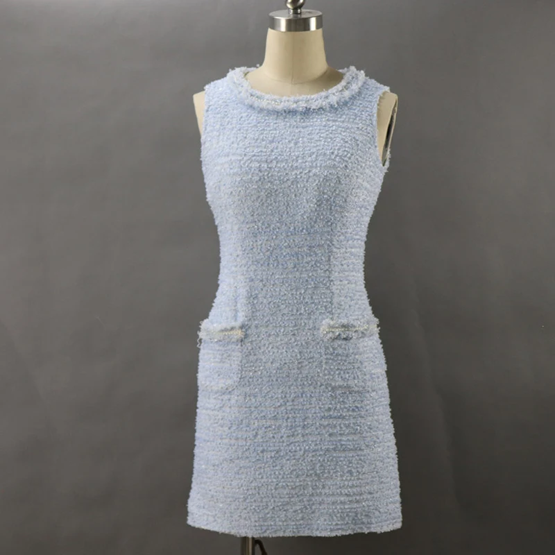 

Sky blue tweed dress 2019 spring / autumn women's dress ladies slim slim bead sleeveless bottoming dress