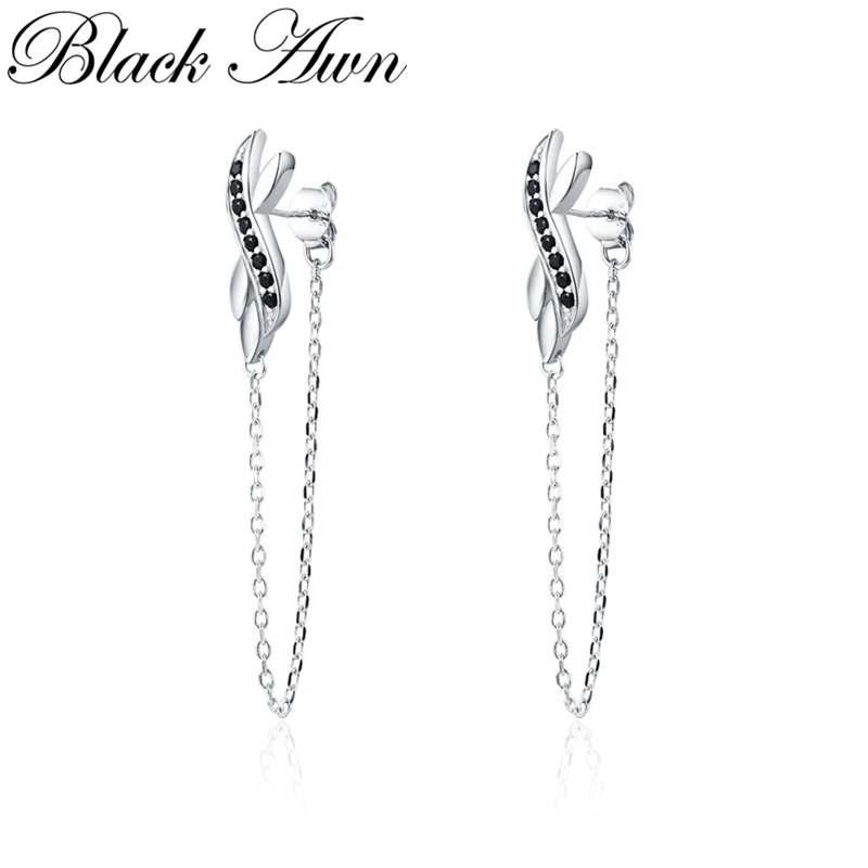 

[BLACK AWN] Punk 925 Sterling Silver Earrings with Chain Black Spinel Engagement Stud Earrings for Women Silver 925 Jewelry I041