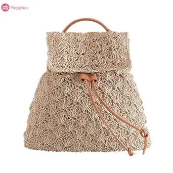 

Retro Women Hollow Out Straw Backpacks Girls Casual Drawstring Beach Travel Shoulder Bag Handmade Floral Small Backpack