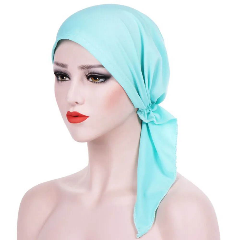 Спальное место#502 Женская индийская шляпа мусульманская гофрированная раковая шапка Хемо шарф Тюрбан два хвоста шапка повседневная одежда однотонная - Цвет: Green