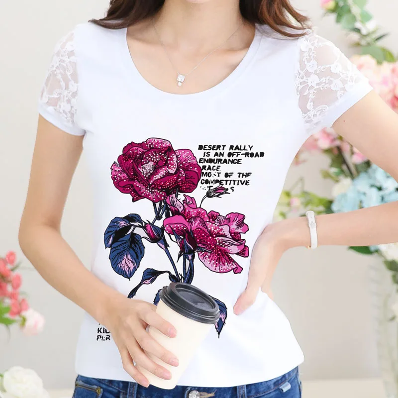 Camisetas Mujer летняя Стразы футболка Для женщин кружева короткий рукав леди, поставленные зоводами непосредственно Для женщин s футболка Женские ромбовидные Топы