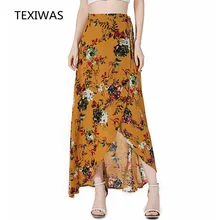 TEXIWAS Женская Цветочная печать Бохо оборки Макси пляжная юбка для лета Асимметричная обертка длинная юбка с завязками Новая Винтажная юбка с разрезом