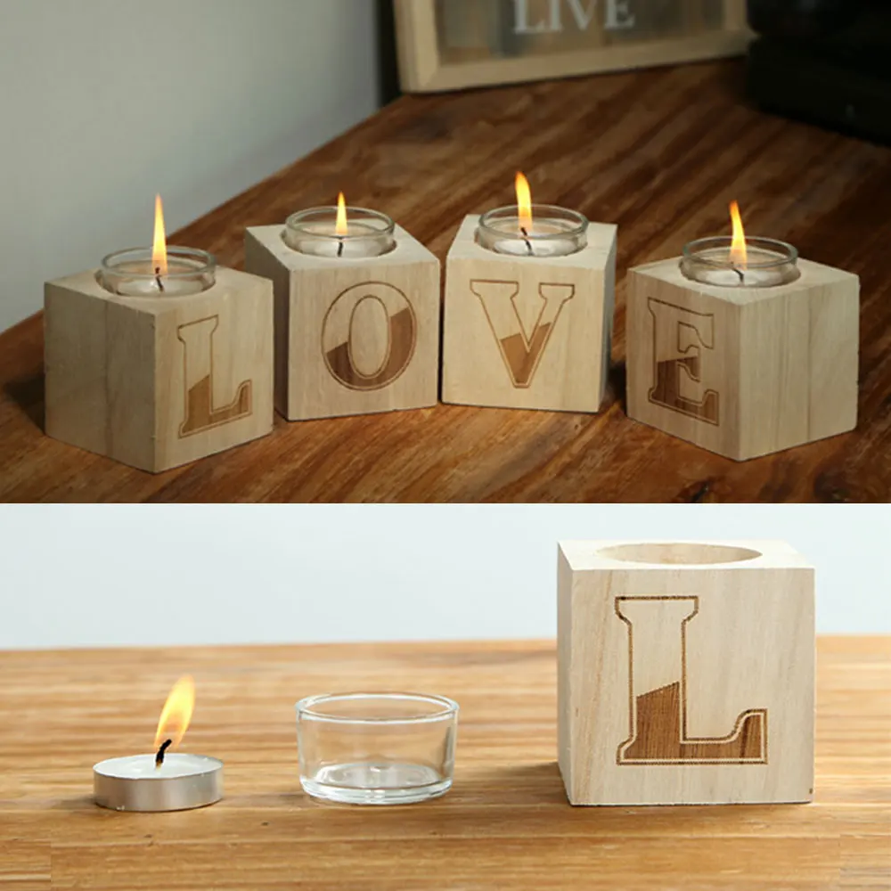 

Nordic Candle Holder Wood Candlestick L O V E Wood Color Wooden Tea Light Wedding Furniture Dinner Dinner Decoration