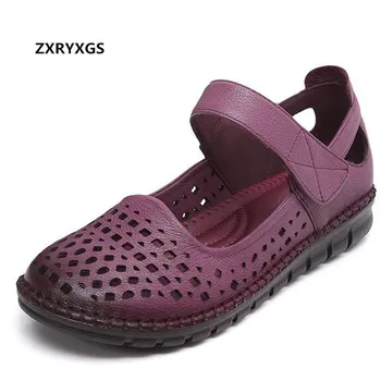 

2019 Hand-stitched Cowhide Hollow Summer Leather Sandals Comfortable Soft Flat Sandals Mom Shoes Woman Summer Fashion Sandals