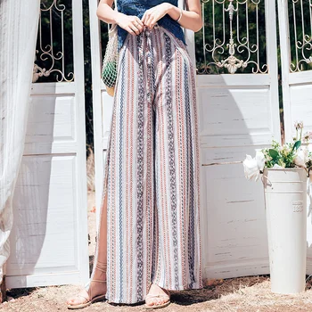 

2019 new fashion ethnic style split wide-leg pants women's loose striped trousers bohemian holiday beach chiffon pants