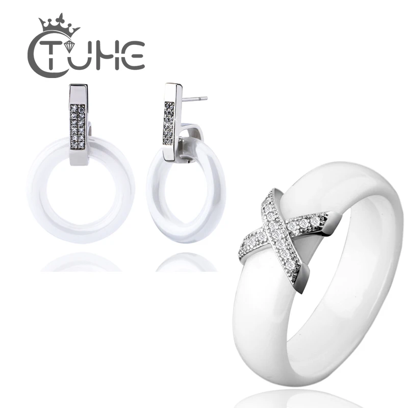 

2017 New Fashion Jewelry Set X Cross Circle Healthy Ceramic Rings & Stud Earring Crystal Rhinestone For Women Christmas Gift