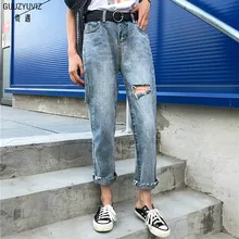 GUUZYUVIZ хлопок повседневное свободные осенние джинсы женские Винтаж рваные промывают Высокая Васит Pantalon Mujer