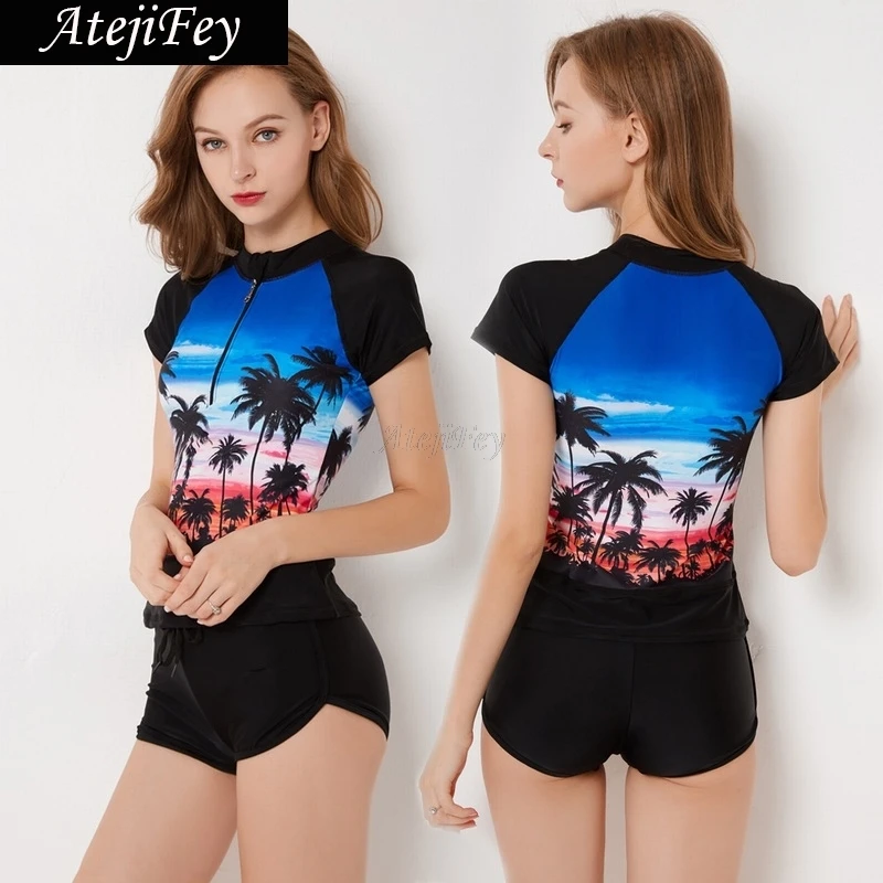 

Plus Size Tree Printed Shirt & Boyshorts Rash Guards 4XL Women's Bikinis 2 Pcs/Set Girl Short Sleeves Front Zipper Swimwear