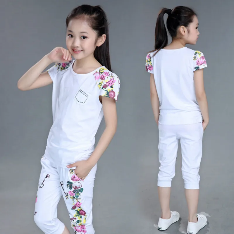 Teenage Girls Summer Autumn Sports Suits Children Hip Hop Clothing 2 pcs/set White Black Outfits Short Sleeve T- Shirt+Pant children hip hop clothing t shirt long sleeve shirt leggings short pants 4pcs set girls boys street dance costume y919