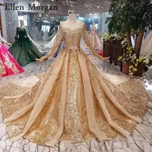 Золотые бальные платья, свадебные платья, вырез лодочкой, шнуровка, узор, часовня, поезд, Саудовская Аравия, элегантные свадебные платья с длинным рукавом