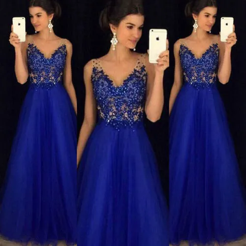 Formal Evening Prom Mesh V Neck Dress