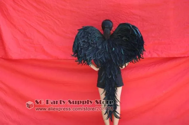 

High Quality Women' sexy black Feather Wings+tail models performance catwalk COS wedding props 105*145cm EMS Free shipping