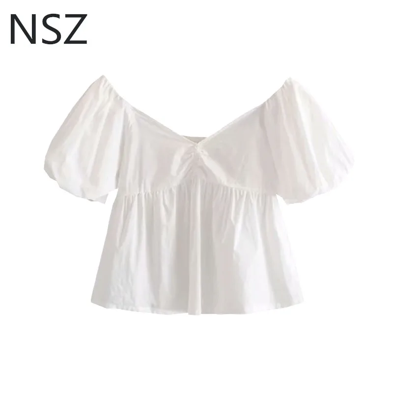 NSZ Women White Crop Top Summer Shirt Cotton Short Sleeve Blouse V Neck
