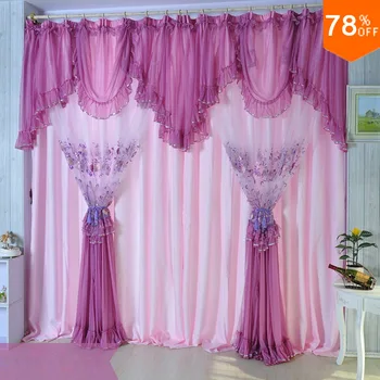

Pink Quality embroidered lace curtain purple window finished Curtain screening dodechedron belt finished product violet Curtains