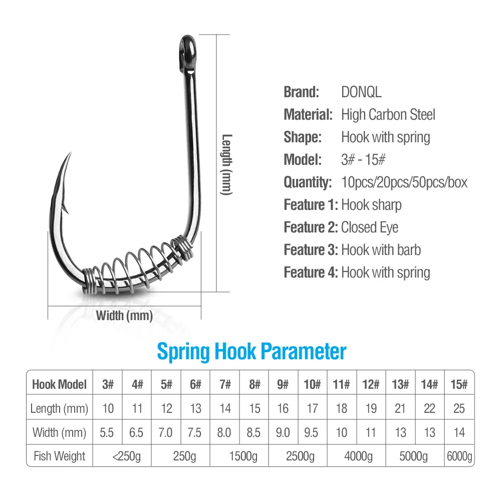 DONQL Fishing Hooks 10/20/50pcs Set Barbed Swivel Spring Jig Carp Hook Single Ci 