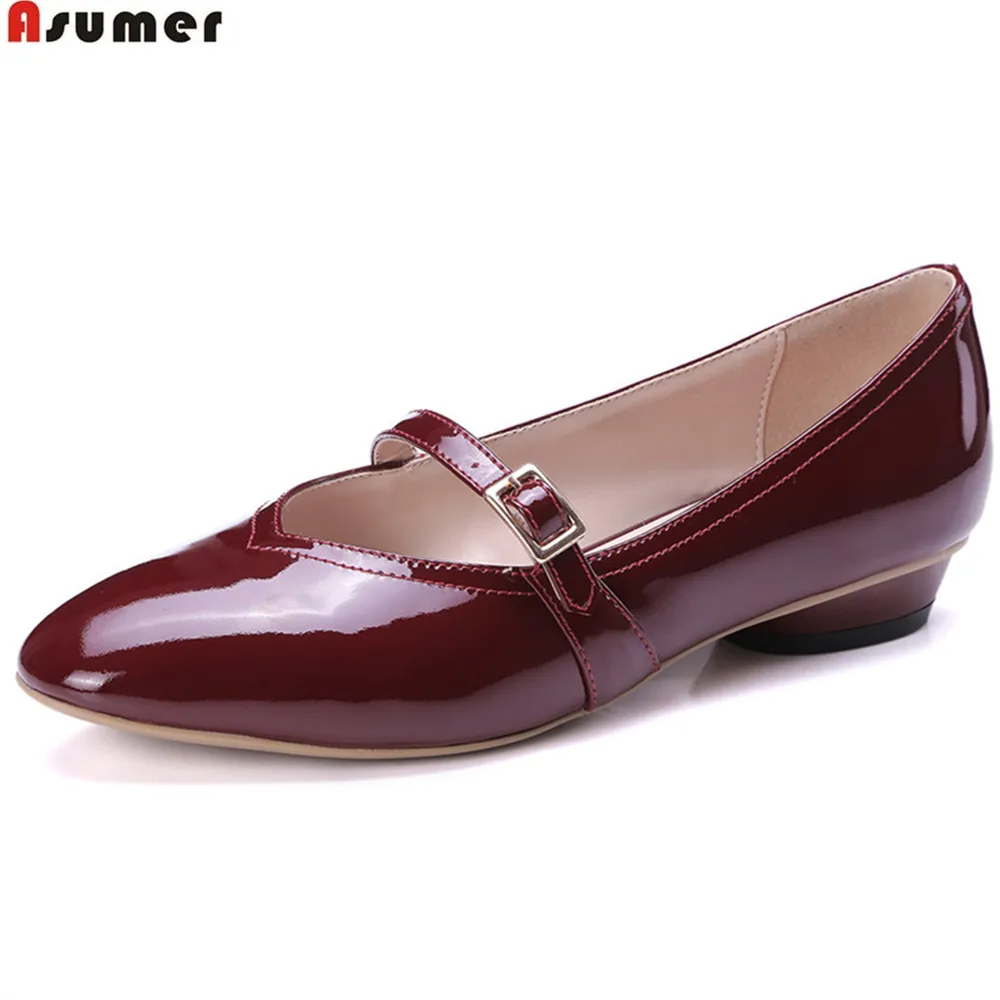 Asumer black wine red fashion women pumps buckle round toe cow patent leather shoes shallow thick heels low heel shoes Asumer black wine red fashion women pumps buckle round toe cow patent leather shoes shallow thick heels low heel shoes