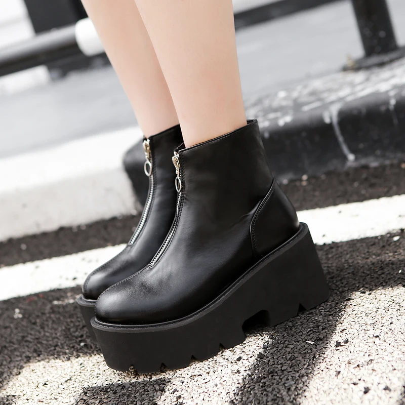 

Womens Black Wedge Chunky Heel Platform Central Zipper Shoes Motorcycle Ankle Boots Punk Black Riding New A285