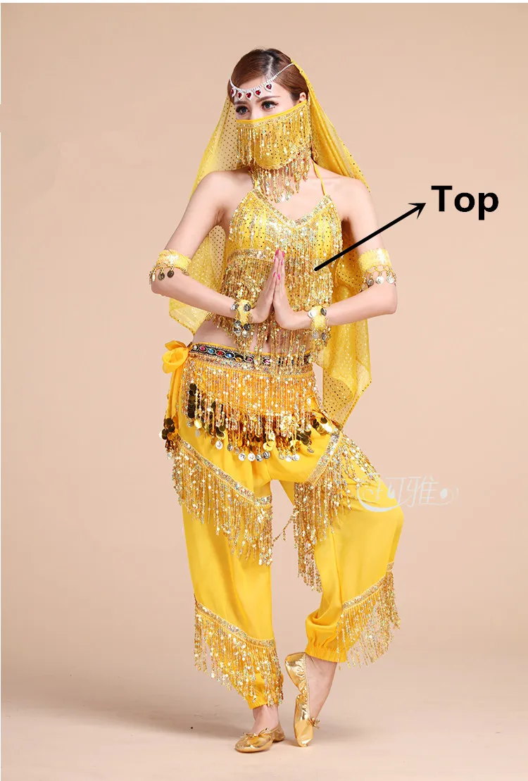 Набор костюма для танца живота женщин для выступления Болливуд соревнований сексуальные блестки Топы Индия фламенко Сальса Восточный танец живота - Цвет: Yellow 1pc