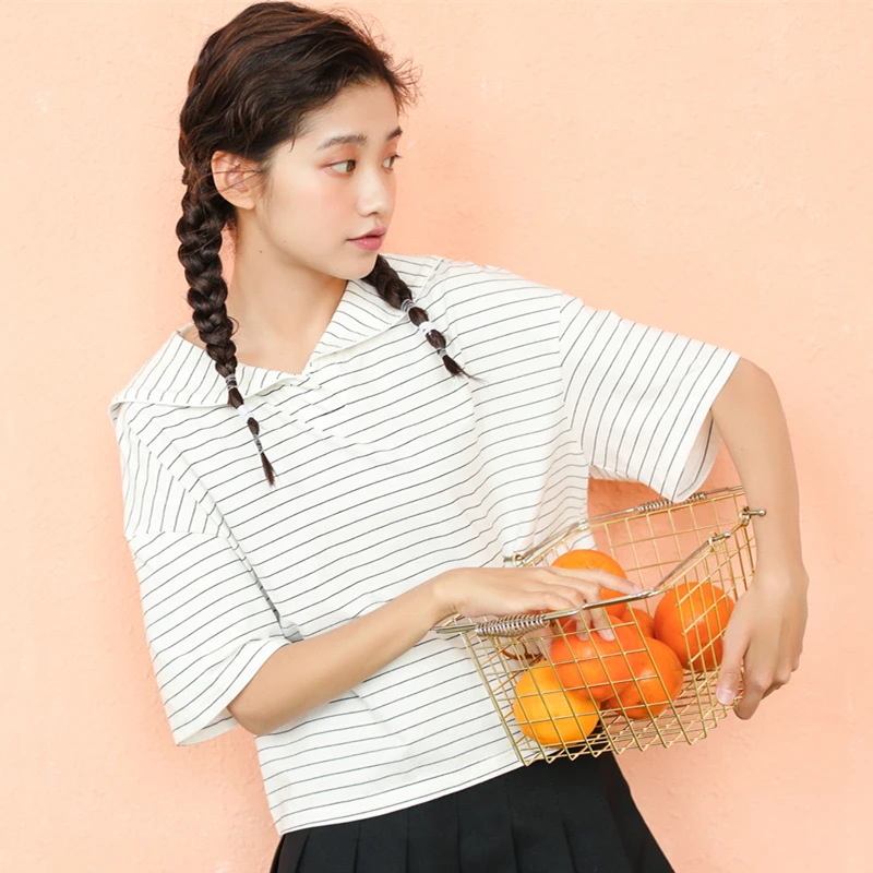 

2019 New Preppy Style Sailor Collar Striped Short Sleeve Tshirt Womens Summer Kawaii Tops Tees Korean Harajuku T Shirt