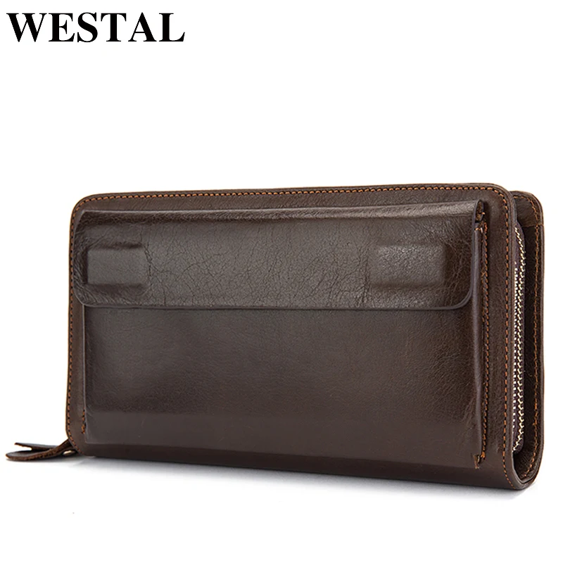 WESTAL Men's Clutch Bag Wallet Male Genuine Leather Double Zipper Men Wallet Long Phone Wallet Purse Card Holder Money Bags 9069 WESTAL Men's Clutch Bag Wallet Male Genuine Leather Double Zipper Men Wallet Long Phone Wallet Purse Card Holder Money Bags 9069