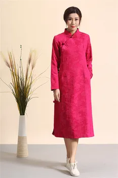 

2019 Spring Autumn pure cotton Women Dress Cheongsam Long Sleeve Chi-pao Chinese dress pure dobby cotton vestidos 4colors