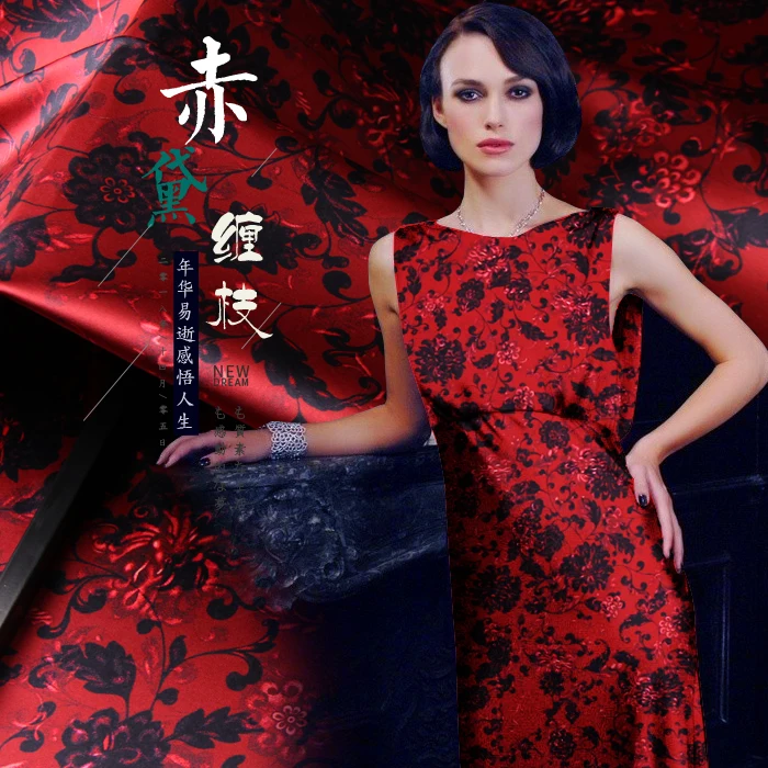 

Blue Branches Print Red Elastic Mulberry Silk Fabric By Meter Width 46 Inch Cheongsam Material Vintage