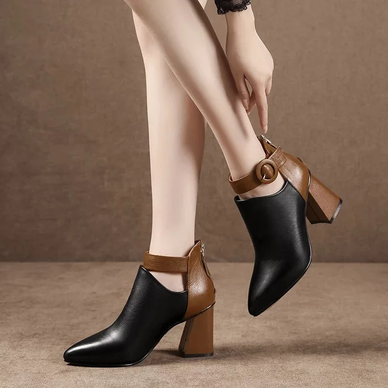 Г., Zanpace/весенние ботинки женская обувь на высоком каблуке кожаная теплая женская обувь с коротким плюшем модные офисные ботильоны с пряжкой