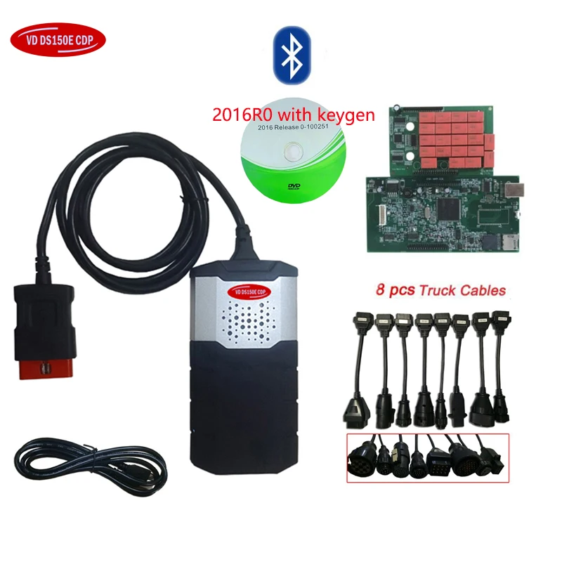 2019 obd ماسحة ل delphis vd ds150e cdp 2016R0 بلوتوث vd tcs cdp obd2 أداة تشخيص مع التبديلات + 8 قطعة سيارة شاحنة الكابلات.