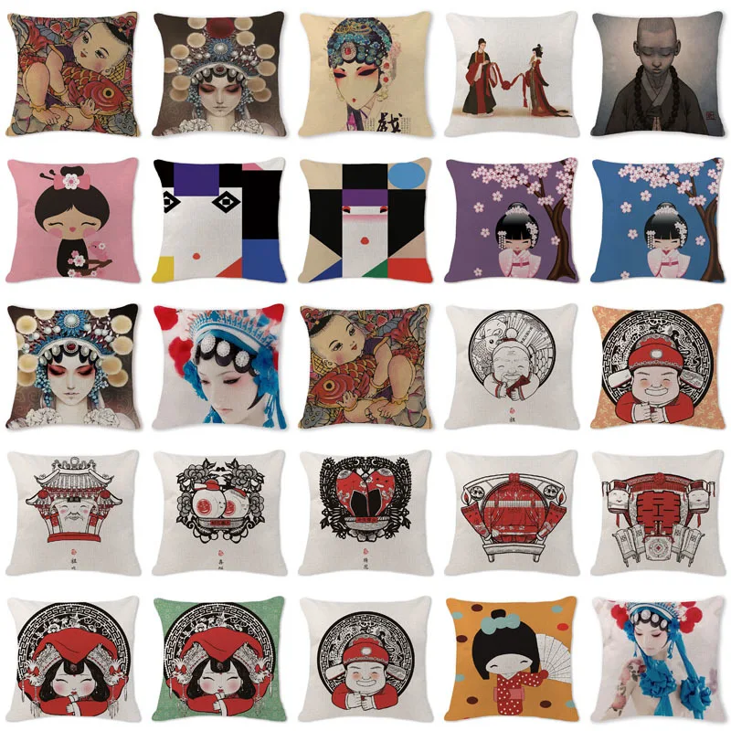 

Chinese Japanese Ethnic Style Cushion Cover Linen Waist Support Cartoon Throw Pillow Car Home Sofa Bed Decor Pillowcase Textile