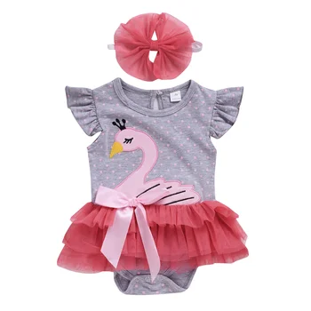 

2019 cute goose embroidered jumpsuit 2 pieces baby girl jumpsuit jumpsuit + headband 3M-24M children's newborn suit hot sale