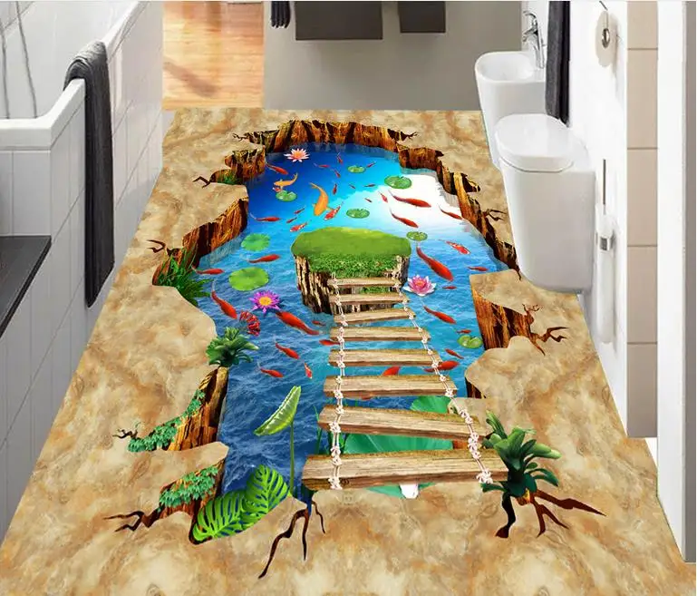 customize-vinyl-flooring-wooden-bridge-carp-lotus-living-room-pvc-self-adhesive-wallpaper-3d-floor-painting