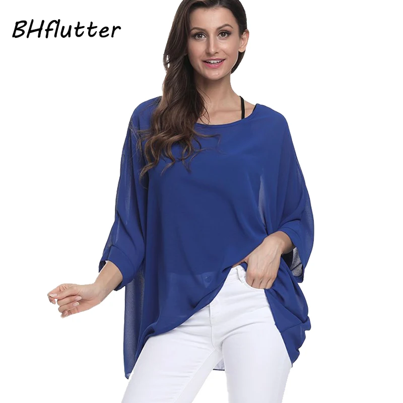 

BHflutter Blouse Women 2018 New Arrival Solid Color Brief Batwing Summer Tops Plus Size 4XL 5XL 6XL Casual Loose Chiffon Blouses