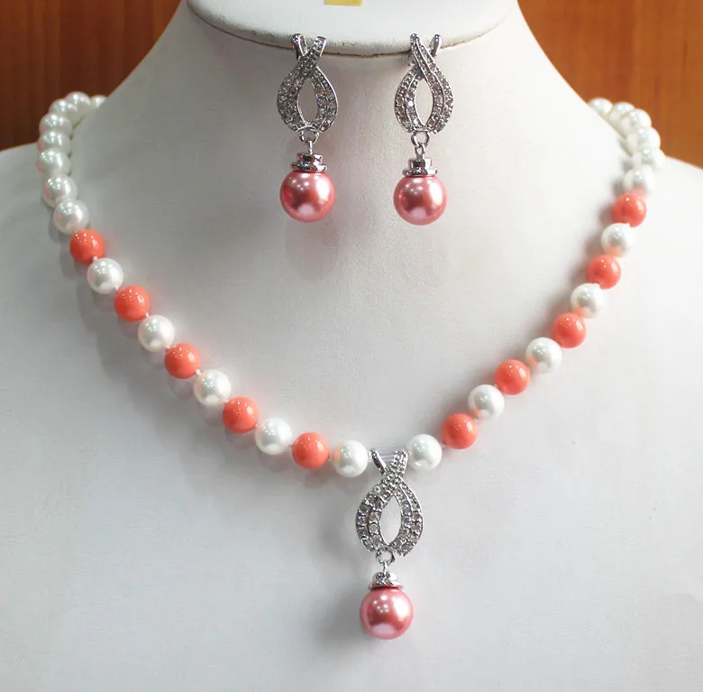 

2 styles!Wholesale 8mm mixed color white and red pearl necklace+14mm pearl earring and necklace pendant jewelry set (A0423)