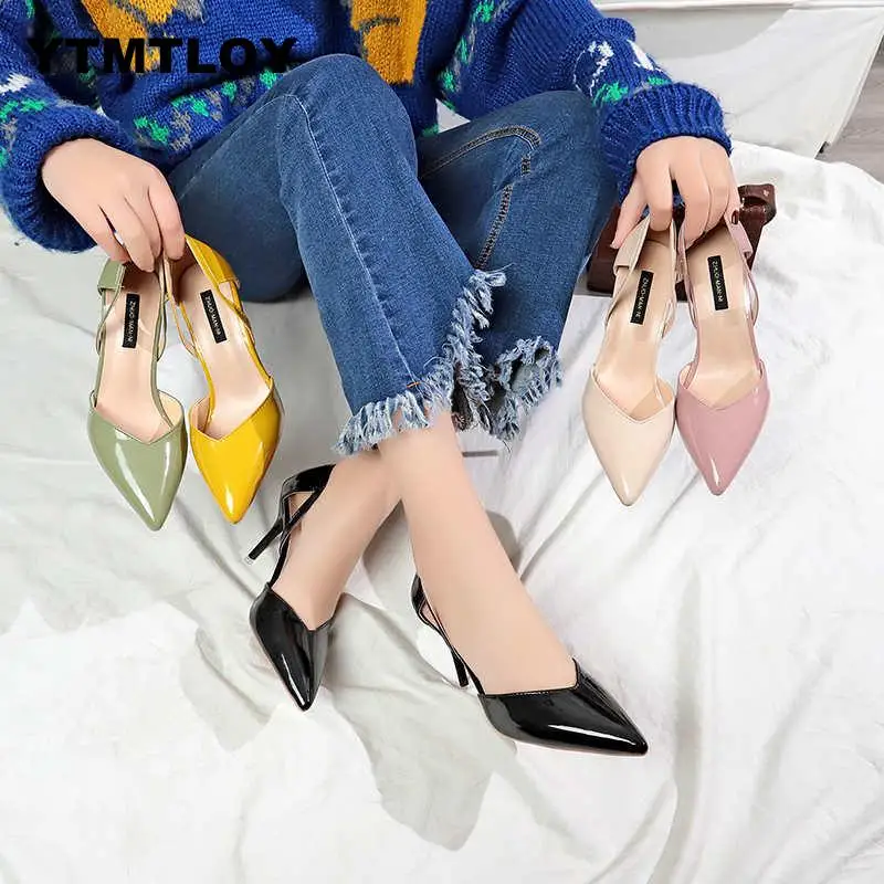 2019 Women Block High Heels Bridal Scarpin Pumps Ladies Pointed Toe Black khaki Plaza Heels Female Shoes Zapatos Mujer Leisure